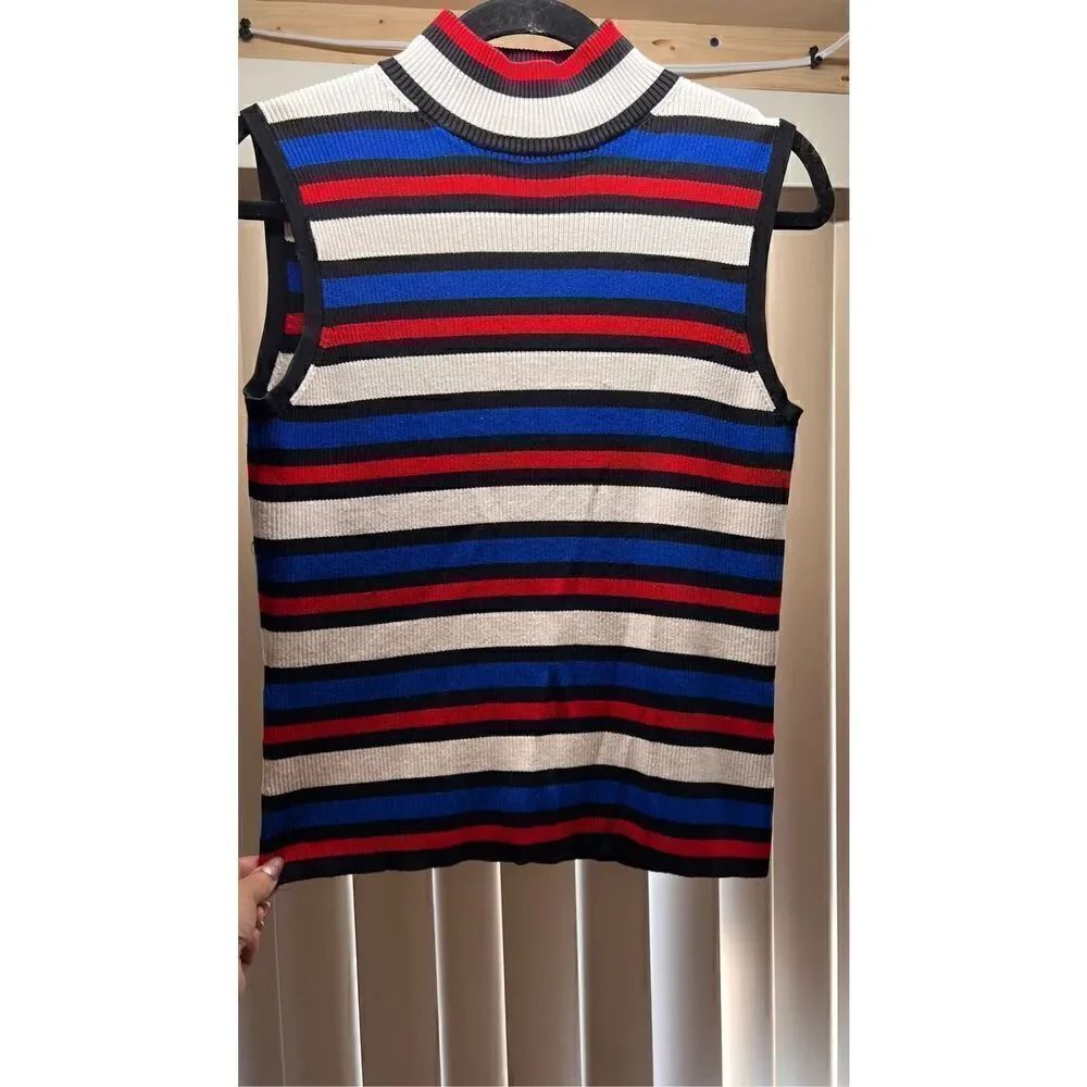 CITY SILK STRETCH RED WHITE BLUE SLEEVELESS TURTLENECK SIZE M